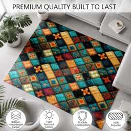 Turquoise Gold Floral Patchwork Quilt Rug Non-Slip Soft Area Carpet Bedroom Living Room Hallway Mat Decor - Made in UK - thumbnail 3