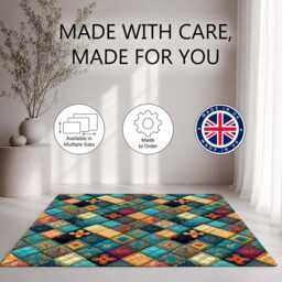 Turquoise Gold Floral Patchwork Quilt Rug Non-Slip Soft Area Carpet Bedroom Living Room Hallway Mat Decor - Made in UK - thumbnail 2