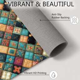 Turquoise Gold Floral Patchwork Quilt Rug Non-Slip Soft Area Carpet Bedroom Living Room Hallway Mat Decor - Made in UK - thumbnail 4