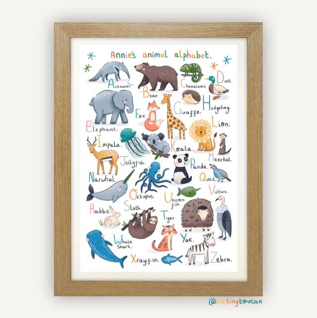 Custom Name Animal Alphabet Print. Abc. A4/A3 Nursery Wall Art. Unisex Kids Art Gender Neutral Baby Shower Gift. Cute - image 1