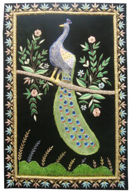 Rugs Jewel Carpet Wall Hanging Peacock 2' X 3' Hand Embroidery Zardozi Gift - image 1