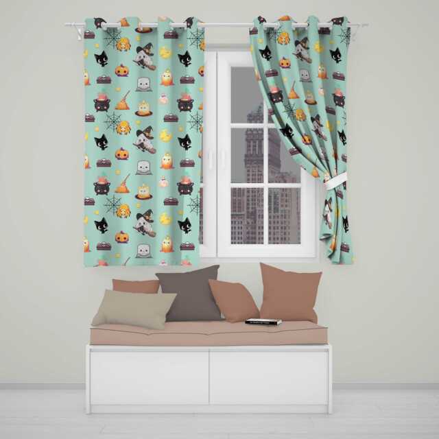 Cute Kawaii Halloween Witch Pumpkin Spider Seamless Pattern Teal Background Readymade Eyelet Ring Top Thermal 100% Blackout Curtains - image 1