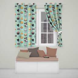 Cute Kawaii Halloween Witch Pumpkin Spider Seamless Pattern Teal Background Readymade Eyelet Ring Top Thermal 100% Blackout Curtains - thumbnail 1