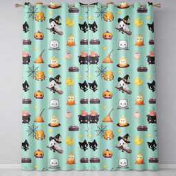 Cute Kawaii Halloween Witch Pumpkin Spider Seamless Pattern Teal Background Readymade Eyelet Ring Top Thermal 100% Blackout Curtains - thumbnail 2