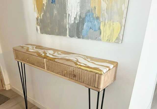 Epoxy Resin Oak Console Table Grooved Drawers, Hairpin Legs - image 1