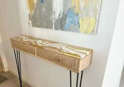 Epoxy Resin Oak Console Table Grooved Drawers, Hairpin Legs - thumbnail 1