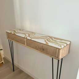 Epoxy Resin Oak Console Table Grooved Drawers, Hairpin Legs - thumbnail 3