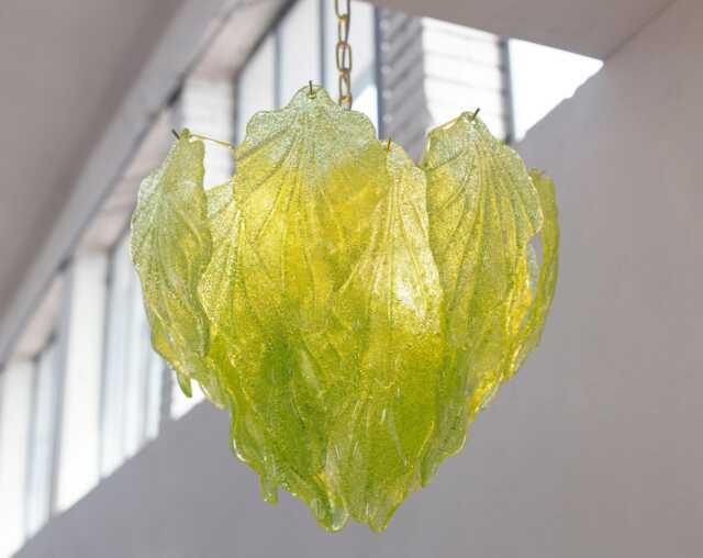 Murano Glass Chandelier - Green Leaf Pendant, 5 Light Fixture - image 1