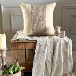 Beige Cotton Linen Striped Jute Lace Pillow Sham, 24x24/26x26 Contemporary Euro Sham - Memories - thumbnail 2