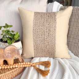 Beige Cotton Linen Striped Jute Lace Pillow Sham, 24x24/26x26 Contemporary Euro Sham - Memories - thumbnail 1