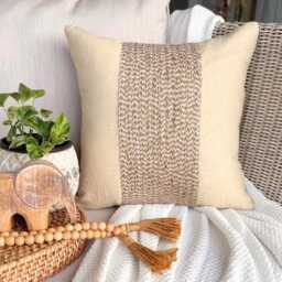 Beige Cotton Linen Striped Jute Lace Pillow Sham, 24x24/26x26 Contemporary Euro Sham - Memories - thumbnail 2