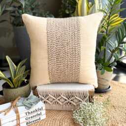 Beige Cotton Linen Striped Jute Lace Pillow Sham, 24x24/26x26 Contemporary Euro Sham - Memories - thumbnail 3