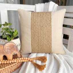 Beige Cotton Linen Striped Jute Lace Pillow Sham, 24x24/26x26 Contemporary Euro Sham - Memories