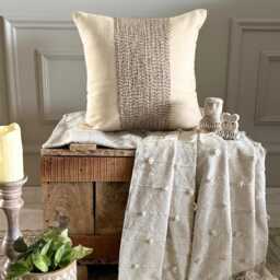 Beige Cotton Linen Striped Jute Lace Pillow Sham, 24x24/26x26 Contemporary Euro Sham - Memories - thumbnail 3