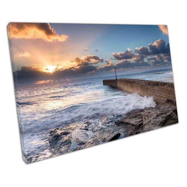 Porthleven Seascape Wall Art Golden Sun Rays Over Stone Pier - Coastal Home & Office Decor Print - image 1