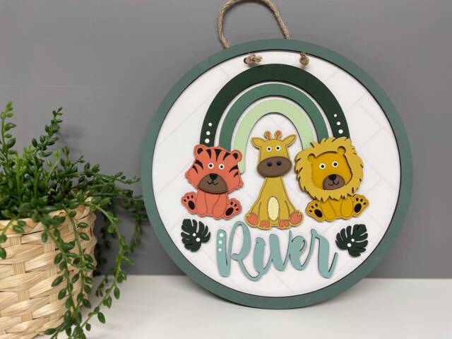 Rainbow Jungle Themed Personalised Name Plaque, Nursery Decor, Christening Gift, Children's Bedroom Door Sign - image 1