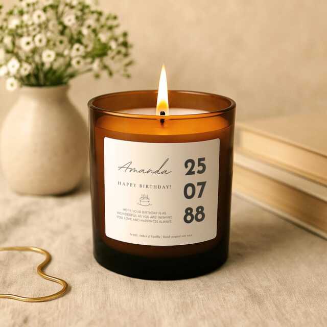 Personalised Birthday Candle - Custom Name & Date Scented Gift Amber Vanilla Scent Soy Wax Personalized - image 1