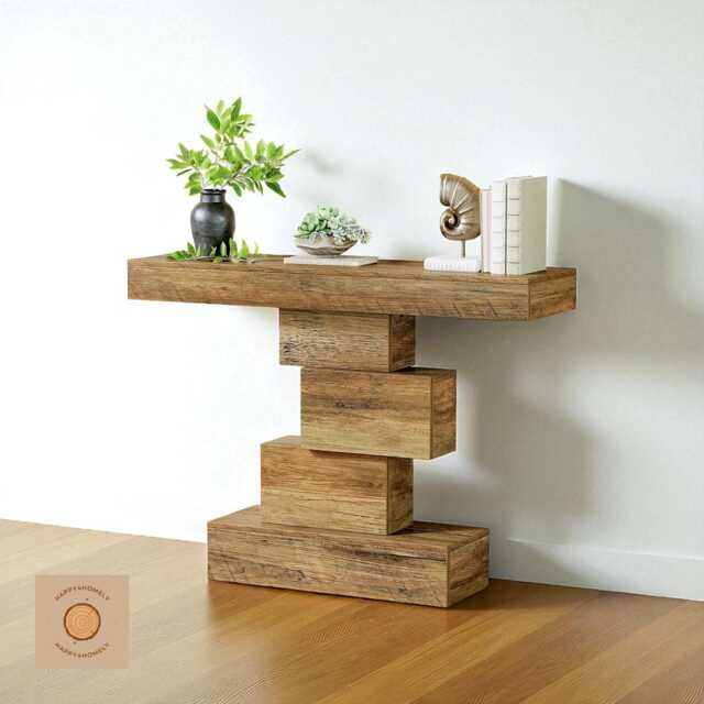 Rustic Farmhouse Console Table - Narrow Wood Entryway With Geometric Base, Modern Sofa Table, Slim Hallway Accent Living Room