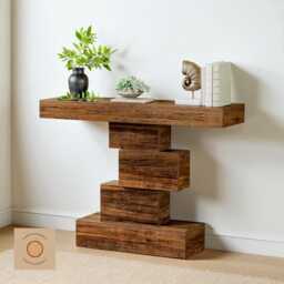 Rustic Farmhouse Console Table - Narrow Wood Entryway With Geometric Base, Modern Sofa Table, Slim Hallway Accent Living Room - thumbnail 2