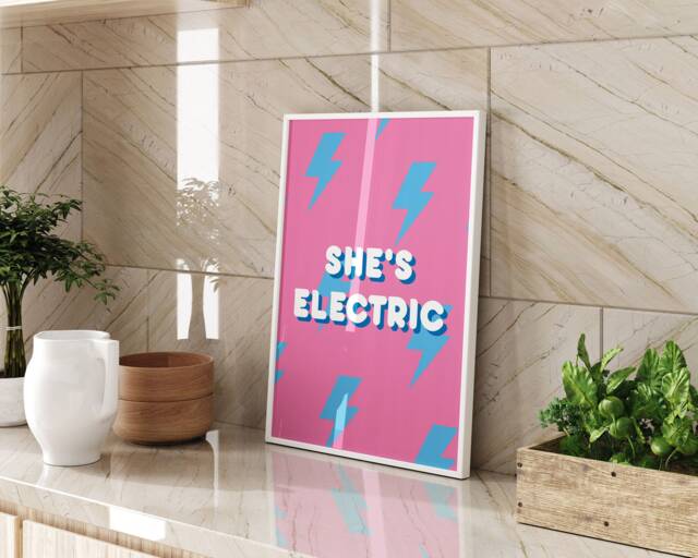 Shes Electric Typography Wall Art Print Bold Colourful Retro Style Design For Music Lovers Bedroom Or Living Room Decor - image 1