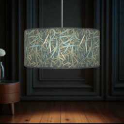 Green Blue & Grey Leaf Print Lampshade - Handmade Floral Drum Pendant Botanical Ceiling Light For Modern Natural Interiors - thumbnail 3
