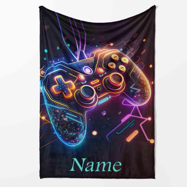 Neon Game Remote Personalised Blanket Custom Name Soft Cosy Throw Gamer Bedding Gift For Kids Teens Or Adults Cool Video Room Decor - image 1