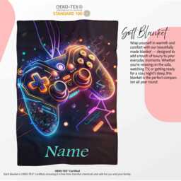 Neon Game Remote Personalised Blanket Custom Name Soft Cosy Throw Gamer Bedding Gift For Kids Teens Or Adults Cool Video Room Decor - thumbnail 3
