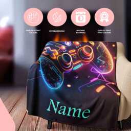 Neon Game Remote Personalised Blanket Custom Name Soft Cosy Throw Gamer Bedding Gift For Kids Teens Or Adults Cool Video Room Decor - thumbnail 2