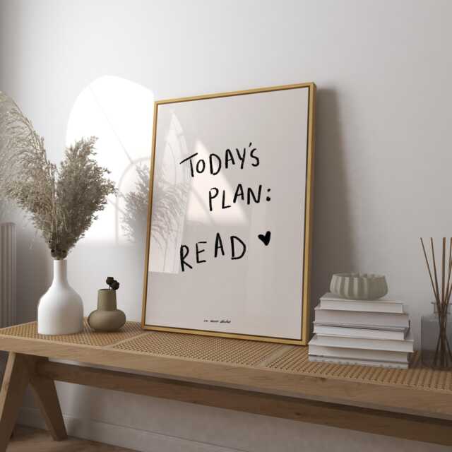 Todays Plan Read Art Print Poster, Quote Book Lover Trendy Retro Print, Funny Reading Modern Bedroom Wall - image 1