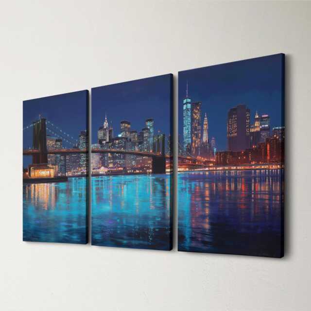 Manhattan Skyline Night 3 Panel Split Canvas Wall Art Brooklyn Bridge City Lights New York Oil Painting Framed Home Decor Gift - image 1