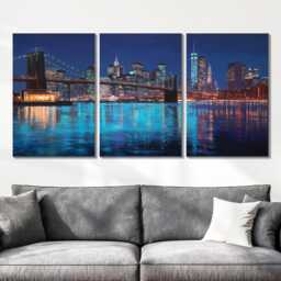 Manhattan Skyline Night 3 Panel Split Canvas Wall Art Brooklyn Bridge City Lights New York Oil Painting Framed Home Decor Gift - thumbnail 2