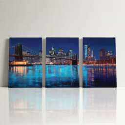 Manhattan Skyline Night 3 Panel Split Canvas Wall Art Brooklyn Bridge City Lights New York Oil Painting Framed Home Decor Gift - thumbnail 3
