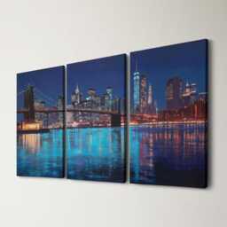 Manhattan Skyline Night 3 Panel Split Canvas Wall Art Brooklyn Bridge City Lights New York Oil Painting Framed Home Decor Gift - thumbnail 1