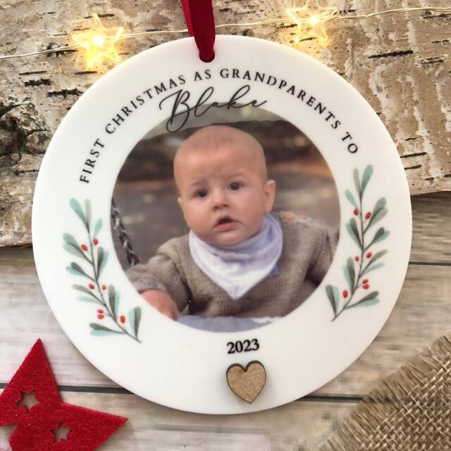 Personalised First Christmas As Grandparents, Auntie, Uncle, Any Relation, Photo Decoration Or Any Relation, With Gift Bag - image 1