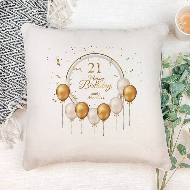 Personalised 21st Birthday Cushion Gift With Golden Balloons