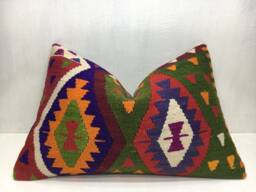 Vintage Turkish Kilim Pillow Cover, Ethnic Lumbar Cushion - 16x24 - thumbnail 1