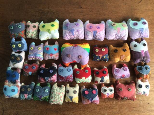 Tiny Plush Owl Pillows, Set Of Three, Pocket Pet Owls, Itty Bitty Owl Pillows, Barn Heart Shaped Face , Shelf Sitters - image 1