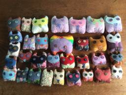 Tiny Plush Owl Pillows, Set Of Three, Pocket Pet Owls, Itty Bitty Owl Pillows, Barn Heart Shaped Face , Shelf Sitters - thumbnail 1