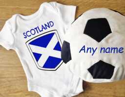 Personalised Embroidered Scotland Soft Toy Football & Babygrow/Romper Tshirt Set