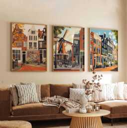 Set Of 3 Amsterdam Posters, Netherlands Travel Dutch Wall Art Prints, Iconic Poster Set, European City Prints