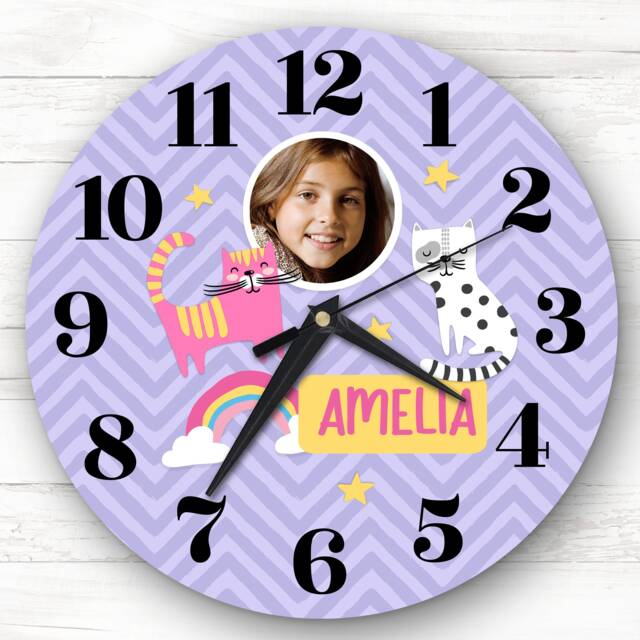 Girls Purple Cat Photo Custom Gift Personalised Clock - image 1