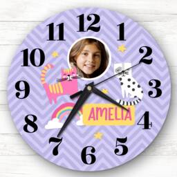 Girls Purple Cat Photo Custom Gift Personalised Clock - thumbnail 1