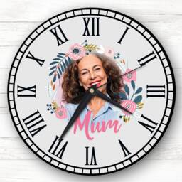 Mum Flower Wreath Photo Grey Personalised Gift Clock