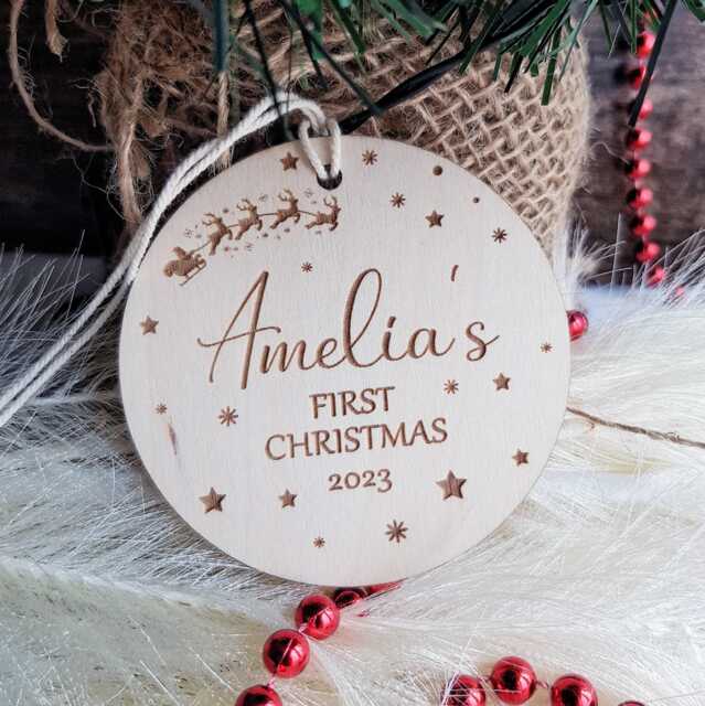 Personalized Baby's First Christmas Bauble Santa Sleigh Wooden Ornament - image 1