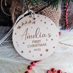 Personalized Baby's First Christmas Bauble Santa Sleigh Wooden Ornament - thumbnail 1