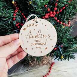 Personalized Baby's First Christmas Bauble Santa Sleigh Wooden Ornament - thumbnail 2