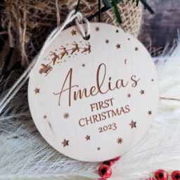 Personalized Baby's First Christmas Bauble Santa Sleigh Wooden Ornament - thumbnail 3