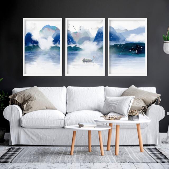 Japandi Wall Art Decor Framed 3 Piece Set Artwork For A Zen Living Room, Large Blue Relaxing Asian Designer Japan Poster Prints - image 1
