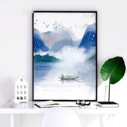 Japandi Wall Art Decor Framed 3 Piece Set Artwork For A Zen Living Room, Large Blue Relaxing Asian Designer Japan Poster Prints - thumbnail 3