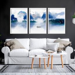 Japandi Wall Art Decor Framed 3 Piece Set Artwork For A Zen Living Room, Large Blue Relaxing Asian Designer Japan Poster Prints - thumbnail 1